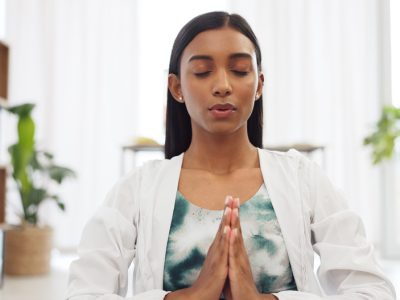 Zen woman calm meditation and breathing sitting alone on floor in living room. Tranquil, bliss, you.